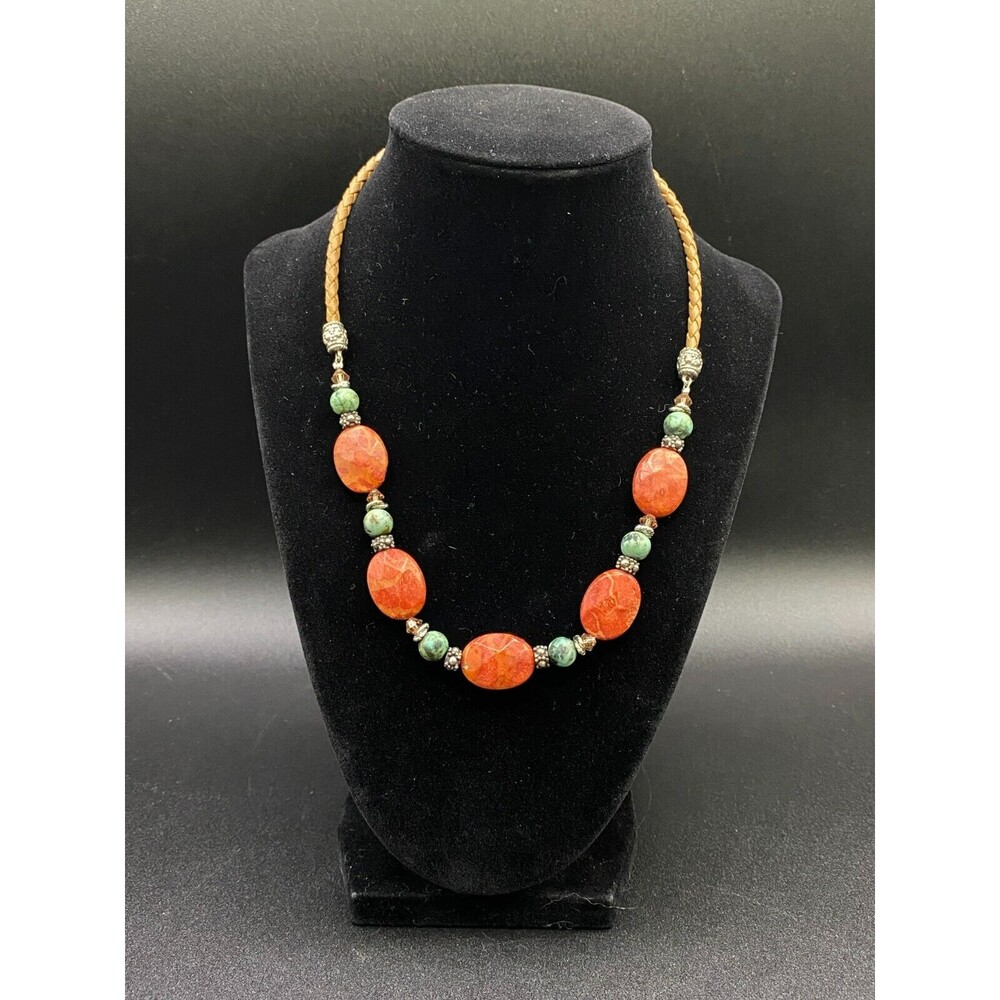 Faceted Orange & Green Stone Silver Tone Bead Necklace on Brown Leather Cord